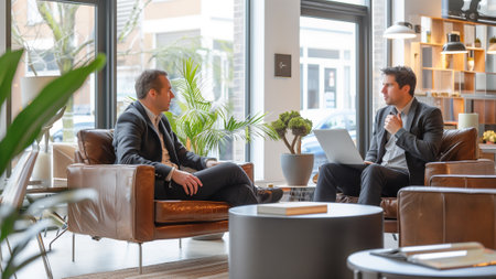 financial consulting services with this warm and inviting scene surrounded by an atmosphere of trust and professionalism. financial planning, investment strategies, or retirement advice expertiseの素材