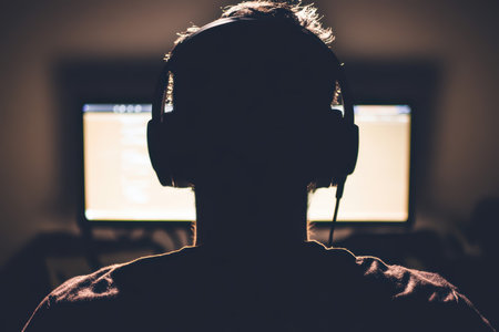 Silhouette of man wearing headphones, focused on brightly lit computer screen, creating atmosphere of concentration and engagement.の素材
