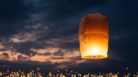A floating lantern released into night sky, illuminating darkの素材