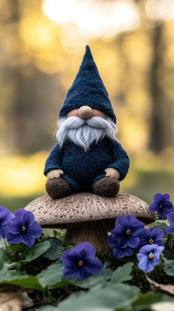 A tiny garden gnome sitting on mushroom surrounded by purple flowersの素材