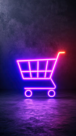 A Stylized neon shopping basket icon glowing in vibrant colorsの素材