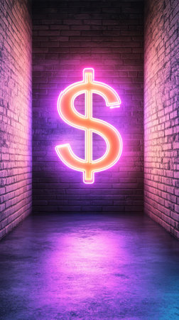 A Neon dollar sign glowing brightly in dark, brick walled spaceの素材