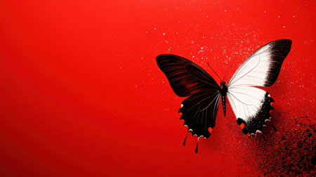 A modern butterfly with artistic swirls on vibrant red backgroundの素材