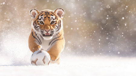 A happy tiger cub joyfully playing soccer in snowy landscapeの素材