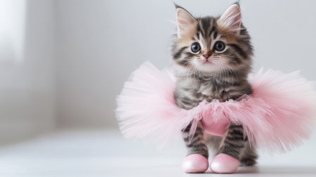 A Fluffy kitten dressed in pink tutu and ballet shoes, looking adorableの素材