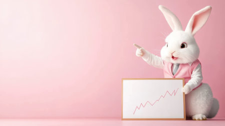 A Fluffy bunny dressed as CEO pointing at growth chart on pink backgroundの素材