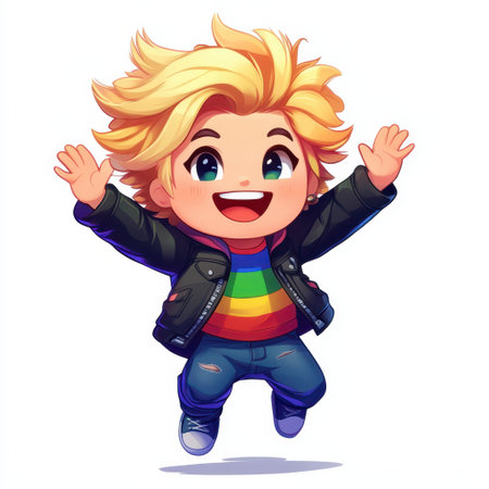 A Cheerful chibi character with blonde hair jumping in joyの素材