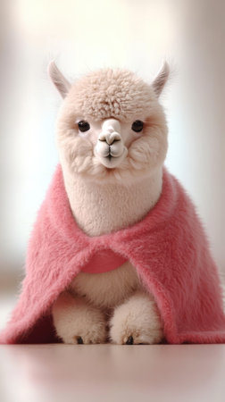 A Fluffy alpaca wearing pink superhero cape, looking adorable and playfulの素材