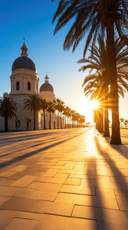 A Sunlit promenade with palm trees and historic domes at sunsetの素材