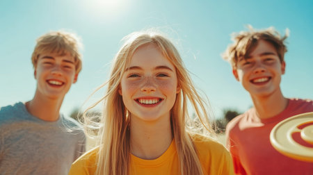 A Three smiling teenagers enjoying sunny day outdoorsの素材