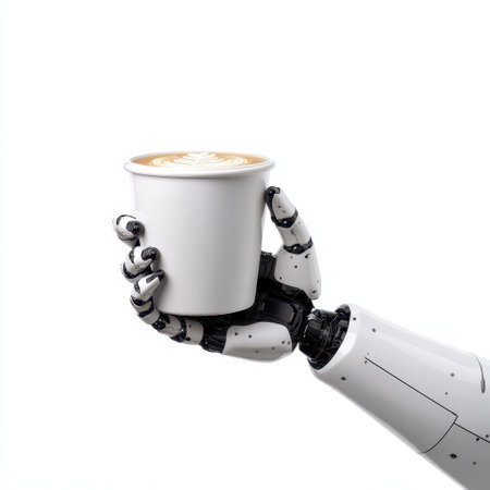 A Robotic hand holding coffee cup with latte art, symbolizing AI innovationの素材
