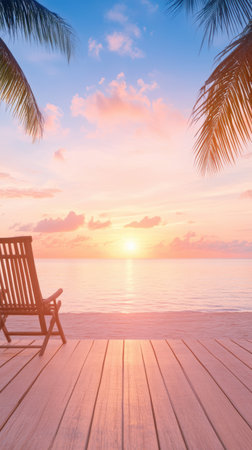 A Sunset view from wooden deck with palm trees and chair by oceanの素材