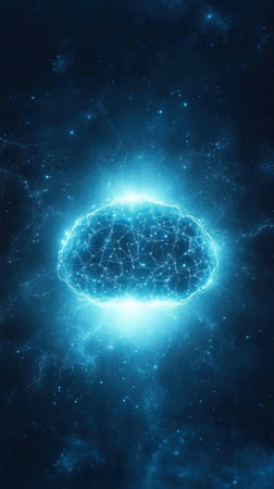 A glowing digital brain with neural connections in dark spaceの素材