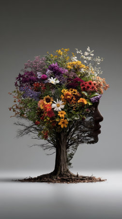 A tree with human face blooms with vibrant flowers, symbolizing mental growthの素材