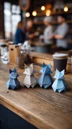 An Origami foxes in cozy cafe setting, creating whimsical atmosphereの素材