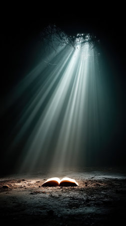 An open book illuminated by beam of light in dark roomの素材