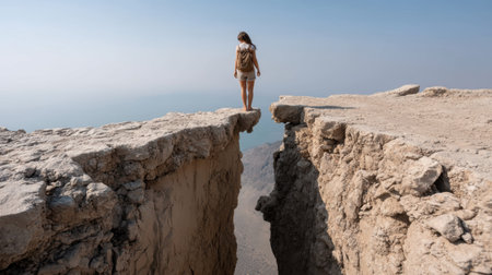 A person stands on cliff edge, contemplating vast canyon belowの素材