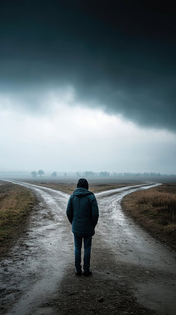 A Person standing at forked road under cloudy sky, contemplating choicesの素材