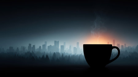 A coffee cup, city skyline, double exposure, sunrise, silhouette, forest, misty morningの素材