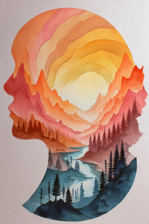 A watercolor landscape mountain forest river silhouette sunset orange peacefulの素材