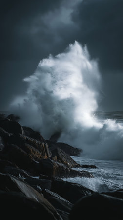 An ocean wave crashing on rocky shore with dramatic sky, powerful and moody seascape sceneの素材