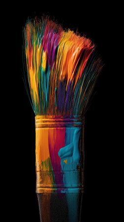 A colorful paintbrush, vibrant bristle, artistic tool, creative, isolated on black backgroundの素材