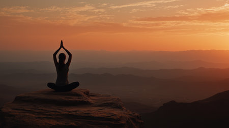 A yoga meditation silhouette mountain sunset peaceful serene outdoor nature calm relaxationの素材