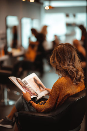 A woman reading magazine salon, relaxed atmosphere, modern interior, soft lighting, casual styleの素材