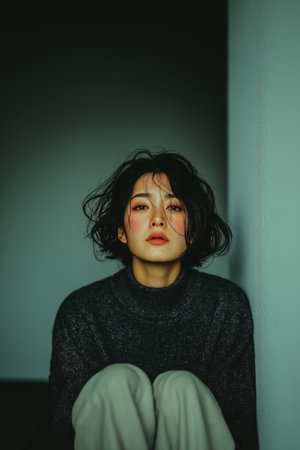 A woman black hair sweater sitting wall moody soft light emotional portrait indoor asian youngの素材