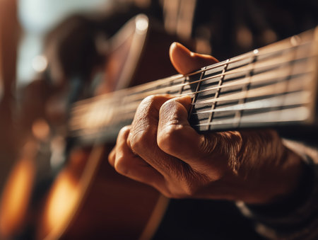 A close up hand acoustic guitar playing music string warm light focus artisticの素材