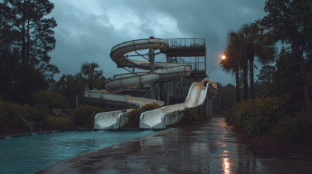 An abandoned water slide, overgrown vegetation, decaying structure, moody, rainy, outdoor sceneの素材
