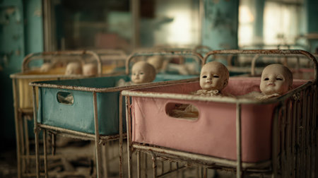 An abandoned hospital cribs with eerie dolls, decaying walls, unsettling atmosphere, vintage styleの素材