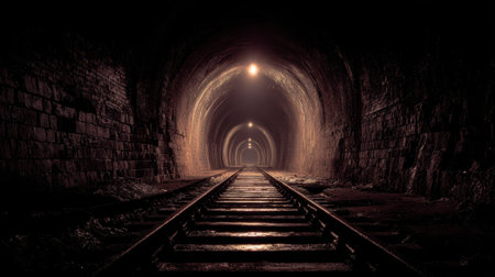 A dark train tunnel with endless railway, brick walls, and faint light creating mysterious moodの素材