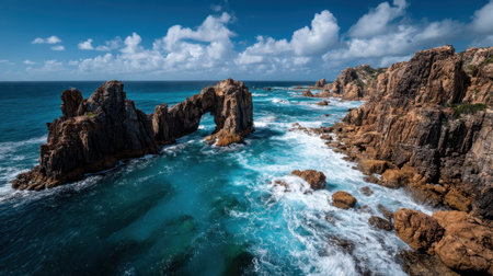 A remote windswept coastline, dramatic rock arch, rugged cliff, turquoise sea, blue skyの素材