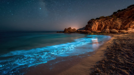 A secluded beach with glowing phosphorescent waves under starry night sky, tranquil atmosphereの素材