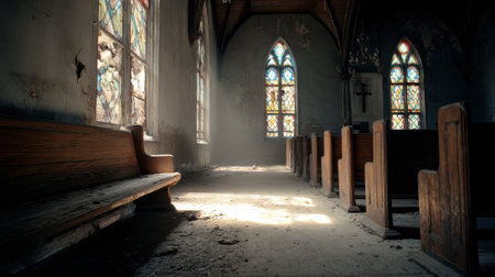 An abandoned church interior with broken stained glass, dusty wooden pews, and dramatic sunlightの素材