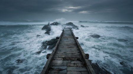 A collapsed bridge, stormy sea, crashing waves, dramatic sky, moody, ocean, rocksの素材
