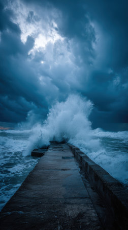 A stormy sea waves crash against concrete pier under dramatic dark clouds, intense atmosphereの素材