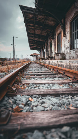 An abandoned train station rusty tracks decaying platform weathered building moody atmosphereの素材