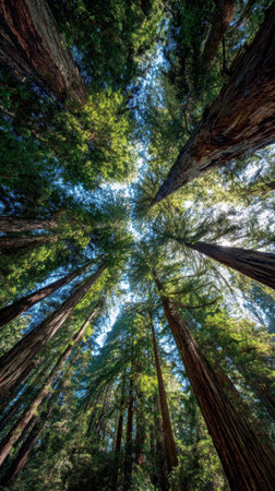 An ancient redwood forest massive trees reaching sky, sunlight filters through green canopyの素材