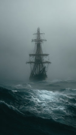 A ghost ship stormy sea misty sailing haunted eerie dramatic ocean wavesの素材
