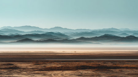 A desert mirage horizon mountain landscape serene arid layeredの素材