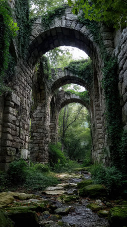 An ancient stone aqueduct archway overgrown lush green moss forest tranquil nature landscapeの素材