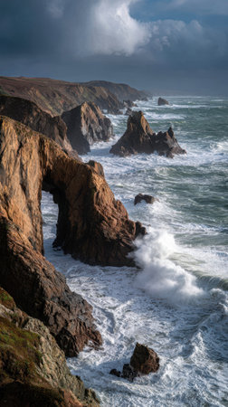 A dramatic rocky coastline with natural arch, crashing waves, and moody sky, remote and wildの素材