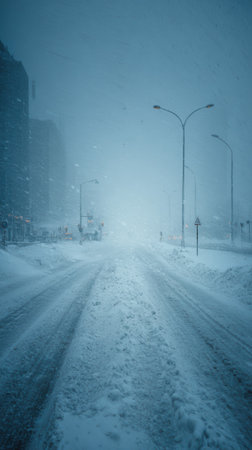 A blizzard empty street heavy snow strong wind winter urban cold dramaticの素材
