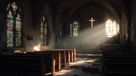 An abandoned church interior broken stained glass dusty sunlight rays empty pews somber moodの素材