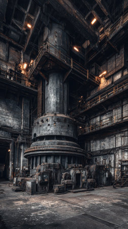 An abandoned power plant interior, giant machinery, industrial, derelict, moody lightingの素材