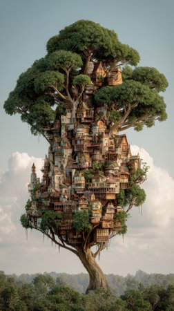 A giant tree village branches fantasy architecture whimsical lush elevated wooden magicalの素材