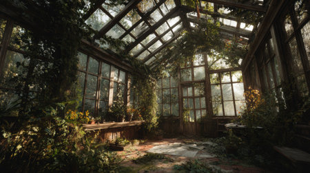 An abandoned greenhouse overgrown plant broken glass sunlight rustic decay nature peacefulの素材