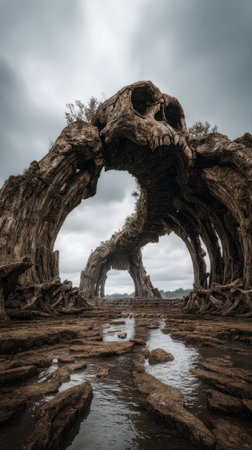 A colossal skeleton arch, natural bridge, dramatic sky, ancient, mysterious, fantasy landscapeの素材